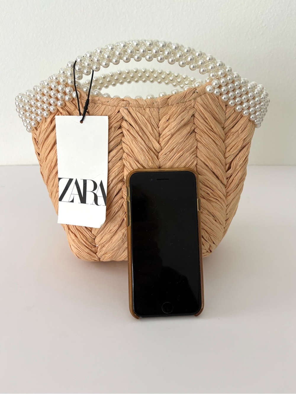 Zara Braided Pearl Embellished Bucket Bag NWT Crossbody Gold Chain - Picture 2 of 9